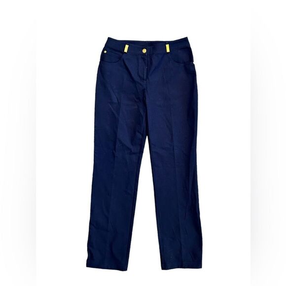 NEW St. John Navy Stretchy Trousers with Gold Logo Belt Loops size 4 - Picture 1 of 13